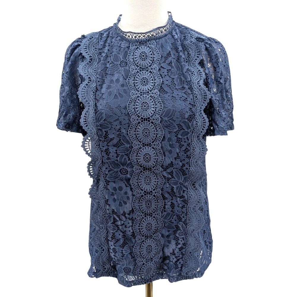 Cable & Gauge Lace Blouse Womens S Blue Floral Crochet High Neck Romantic